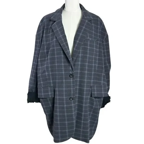 Free People Oversized Layering Menswear Reggie Blazer Blue Plaid Medium Preppy